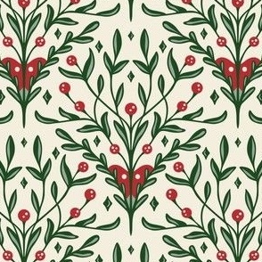Elegant Berry, Leaf, Botanical Holiday Floral in Rich Crimson Red, Emerald Green, and Ivory White