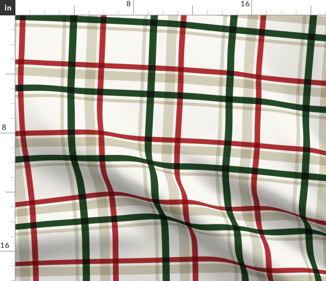 Classic Holiday Plaid Stripe in Rich Crimson Red, Emerald Green, Ivory White, Beige