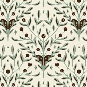 Elegant Berry, Leaf, Botanical Holiday Floral in Ivory White, Sage Green, and Sepia Brown