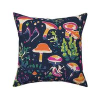 Magic Mushroom Colorful Botanical Dream on Navy Background