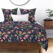 Magic Mushroom Colorful Botanical Dream on Navy Background