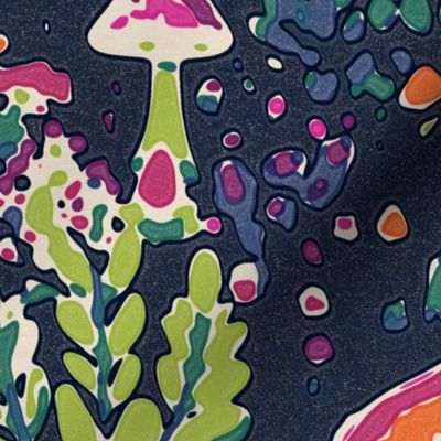 Magic Mushroom Colorful Botanical Dream on Navy Background