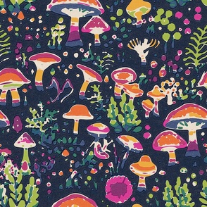 Magic Mushroom Colorful Botanical Dream on Navy Background