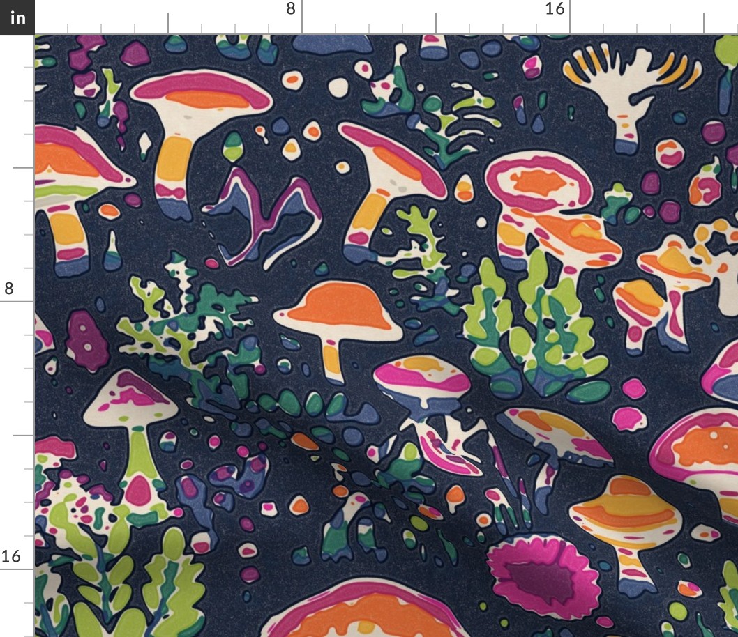 Magic Mushroom Colorful Botanical Dream on Navy Background