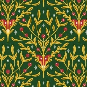 Elegant Berry, Leaf, Botanical Holiday Floral in Rich Crimson Red, Emerald Green, and Gold Yellow