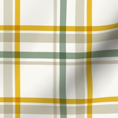 Classic Holiday Plaid Stripe in Ivory White, Sage Green, Gold, Beige Gray