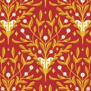 Elegant Berry, Leaf, Botanical Holiday Floral in Rich Crimson Red and Gold Yellow