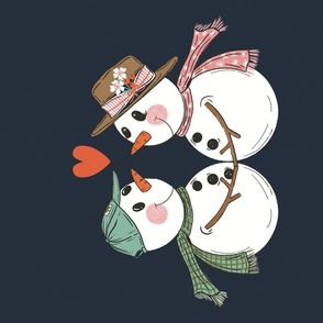 Sweetheart Snow Duo, Hand Drawn Snowman Couple, Romantic Snowmen, Snowman Wall Hanging, Snowman Tea Towel, Cute Snowman, Pink, Mint, Red, Navy, Blue, White, Plaid and Stripe, Pink Snowflakes, Pink Christmas, Pink Holidays, Festive Holiday, Whimsical Snowm