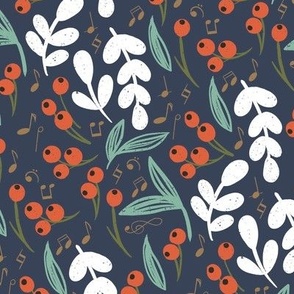Large Musical Floral, Floral Design with Musical Notes, Festive Holiday, Colorful Floral, White, Navy, Brown, Green, Mint, Red, Whimsical Musical, Music Fabric, Holiday Inspired, Festive Musical, Joyful Holiday, Vibrant Winter, Playful Floral, Festive Bot