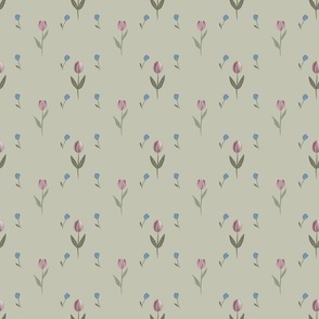 Innie minnie Tulips, micro scale, pink, blue and green on a light green background