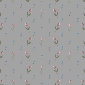 Innie minnie Tulips, micro scale, pink, blue and green on a dark grey background