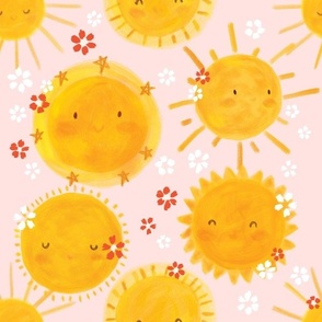 Hello Sunshine ON Pink 12x12 Yellow Orange Smiling Face Baby Girl Fabric And Wallpaper