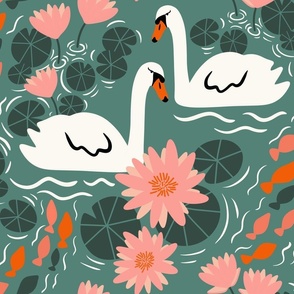 (L) Serenity white swans lake on light green 