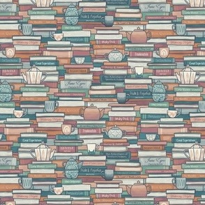 Book Stacks and Tea, blue and red, small