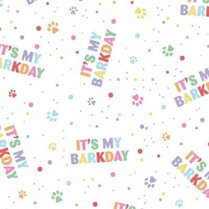 Colorful rainbow barkday design with confetti paws and happy birthday text for dogs on white LARGE 