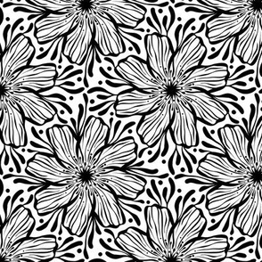 White and black flower heads, inky line work