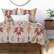 Ikat autumn leaves red and orange on wood texture - large scale