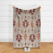 Ikat autumn leaves red and orange on wood texture - large scale