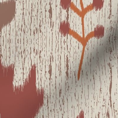 Ikat autumn leaves red and orange on wood texture - large scale