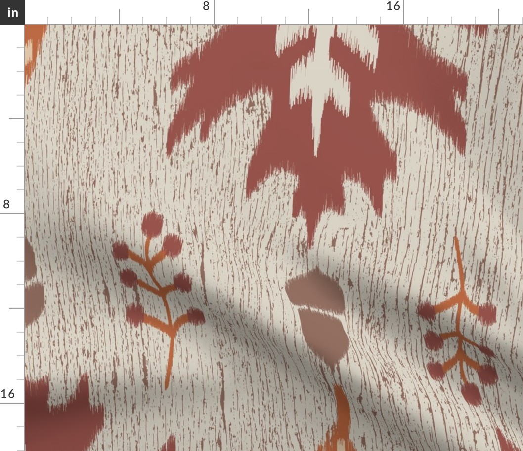 Ikat autumn leaves red and orange on wood texture - large scale