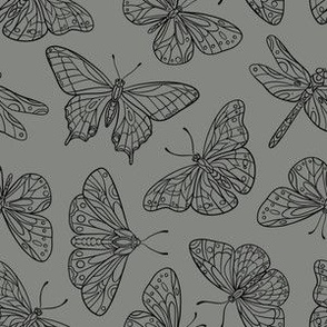 Pewter grey and black line art butterfly print