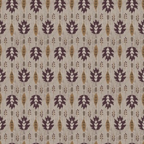 Ikat autumn leaves purple and mustard on wood texture - small scale