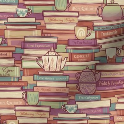 Book Stacks and Tea, 70s inspired colours, medium