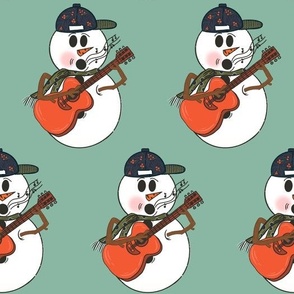 Rockin' Snowman, Happy Snowman, Snowman with Guitar, Snow Winter, Navy, White, Red, Mint, Joyful Holiday, Christmas Fabric, Festive Fabric, Christmas Decor, Holiday Decor, Seasonal Decor, Seasonal Fabric, Guitar Fabric, Music Lover, Christmas Carols, Hand