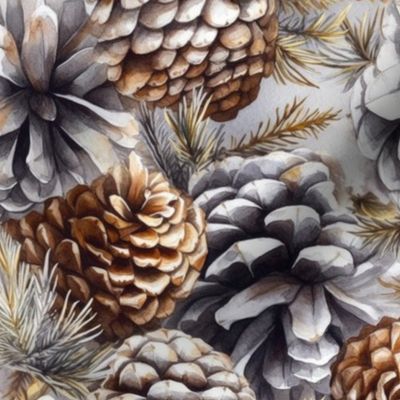 Snow Covered Faux Silver and Gold_Pinecones Watercolor