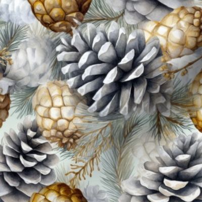 Snow Covered Faux Silver and Gold_Pinecones Watercolor