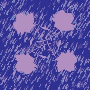 RSRN2 - Hand Drawn Rose Silhouette on Raindrops in Lavender and Purplish Blue - 10.5 inch fabric repeat - 6 inch wallpaper repeat