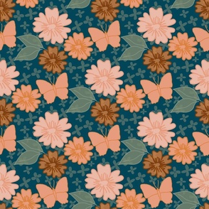 butterfly and flowers blue pattern