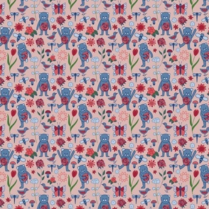 Small Scale Playful Blue Bears with Flowers, Insects and Mushrooms on Pink Background