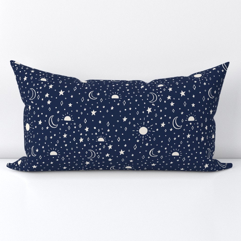 Sun & Moon Celestial Starry Sky, Navy Blue, 12in