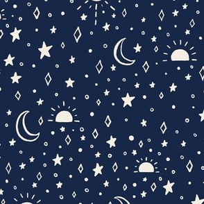 Sun & Moon Celestial Starry Sky, Navy Blue, 12in