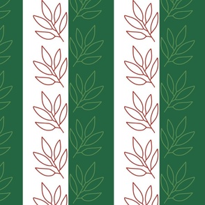 xmas classic stripe - large emerald green and white stripes and red leaves -  christmas botanical wallpaper and fabric