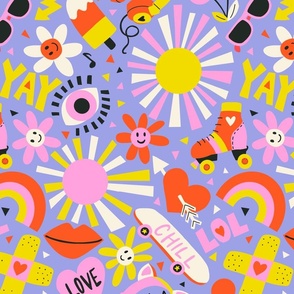 Retro Tween / Girly Y2K / Love Roller Skates Skateboard Lips Headphone Smiley on Lavender Lilac Medium