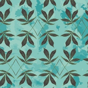 Cannabis Fan Leaves -Green Botanical Hemp Leaves on Turquoise Blue Watercolor Texture