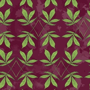 Cannabis Fan Leaves -Green Botanical Hemp Leaves on Dark Burgundy Watercolor Texture