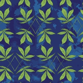 Cannabis Fan Leaves -Green Botanical Hemp Leaves on Primary Blue Watercolor Texture