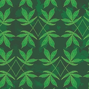 Cannabis Fan Leaves -Green Botanical Hemp Leaves on Emerald Green Watercolor Texture