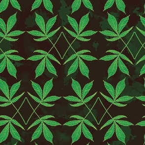 Cannabis Fan Leaves -Green Botanical Hemp Leaves on Black InkyTexture