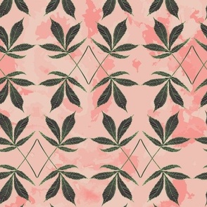 Cannabis Fan Leaves -Green Botanical Hemp Leaves on Pink Watercolor Texture