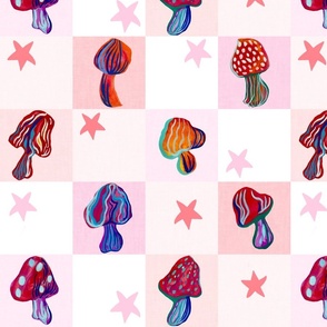 Checkered hand painted mushrooms and stars on pink Schack for festive holidays