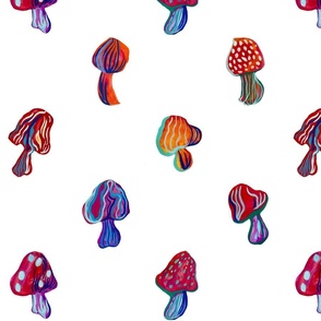Scattered  hand painted mushrooms in magical multi color pattern On white