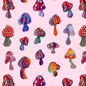 Scattered  hand painted mushrooms in magical multi color pattern On pink