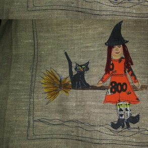 Halloween Witch and her cat on broom. 