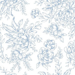 chrysanthemum large scale wallpaper, oriental wallpaper, light blue on white