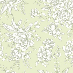 chrysanthemum large scale wallpaper, oriental wallpaper, sage green