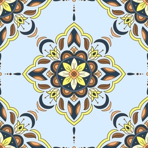 Floral Medallion Brown Yellow Light Blue